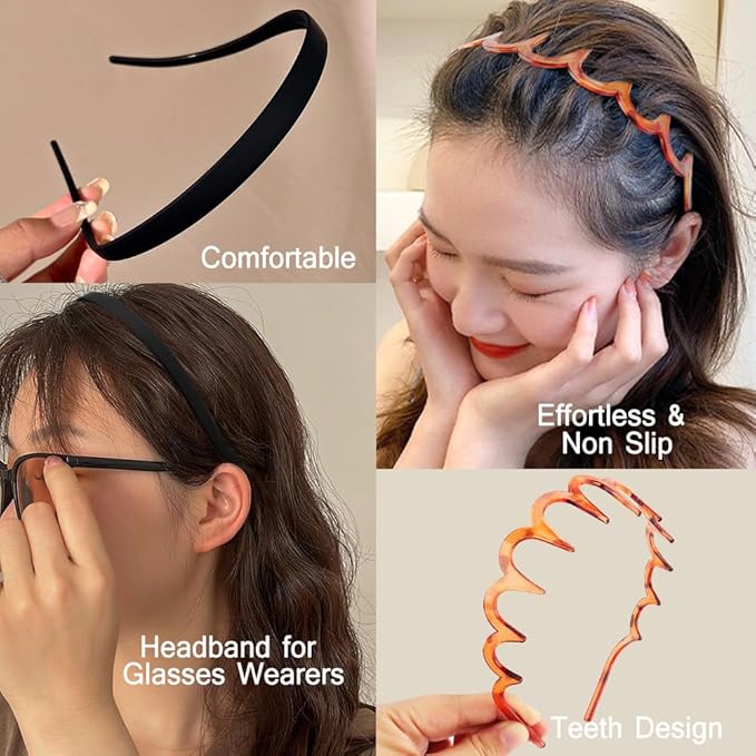 TOBATOBA 12Pcs Fashion Headbands for Women Styles with Teeth Plastic Head Bands for Women's Hair Non Slip Comb Skinny Zig Zag Headbands 90s Fashion Hair Accessories for Women Men Teen Girls