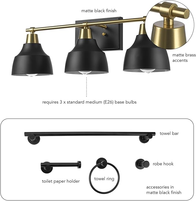 Globe Electric 63000204 5-Piece All-in-One Bathroom Accessory Set, 3-Light Vanity Light, Matte Black & Brass, Towel Bar, Robe Hook, Toilet Paper Holder, Towel Ring, Bath, Bathroom Lights Over Mirror