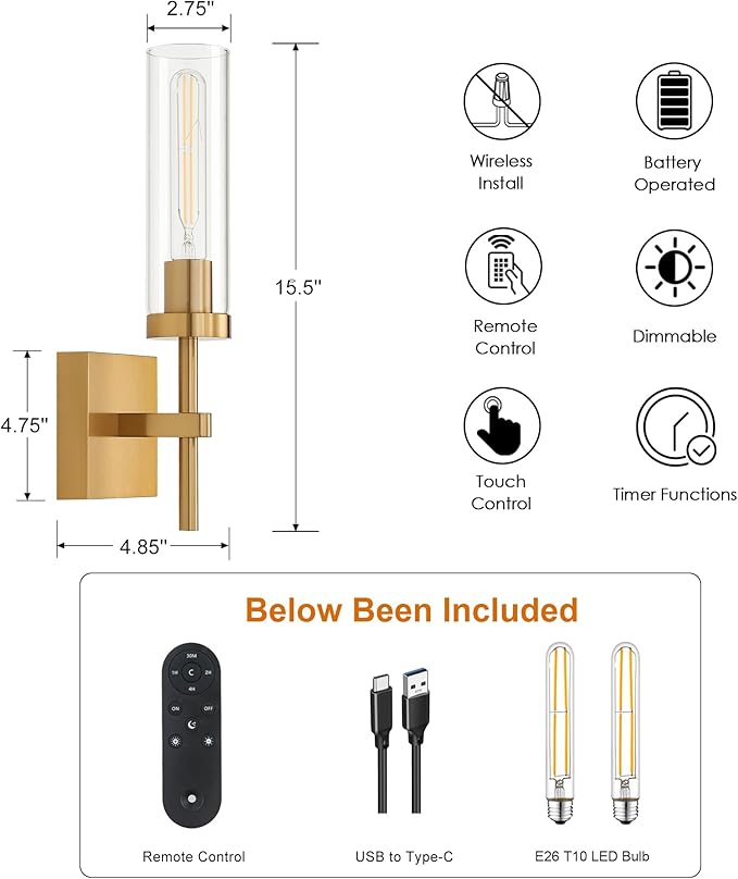 Gold Battery Operated Wall Sconce Set of 2, Wireless Wall Sconces with Remote Control, Rechargeable LED Dimmable Wall Light for Bedroom Bathroom Hallway Living room Entryway Stairwell, 3000K