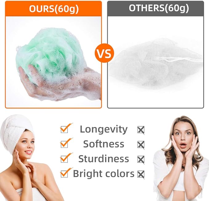 Novosun Loofah Bath Sponge Luffa Loofa Body Scrubber Soft Mesh Pouf Wash Puff Shower Puff Shower Ball Exfoliating Shower Sponge Pack of 4 (60g/pcs)