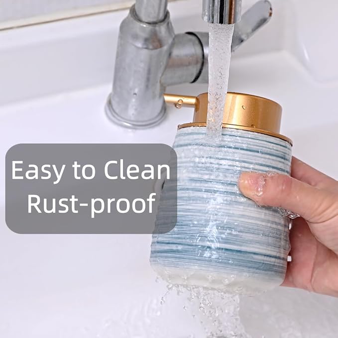 Modern Striped Style Gold Soap Dispenser for Bathroom, Ceramic Hand Soap Dispenser, Easy to Refill Liquid (Blue-Foam Pump)
