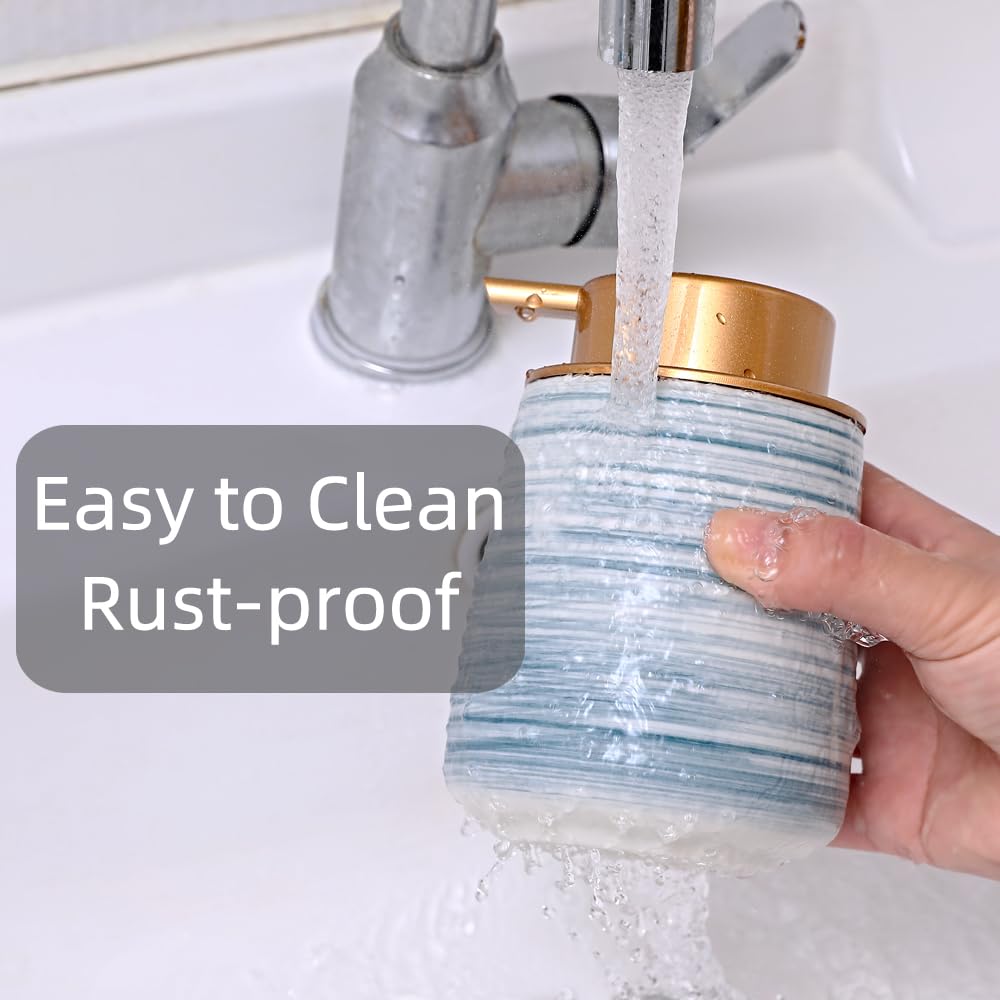 Modern Striped Style Gold Soap Dispenser for Bathroom, Ceramic Hand Soap Dispenser, Easy to Refill Liquid (Blue-Foam Pump)