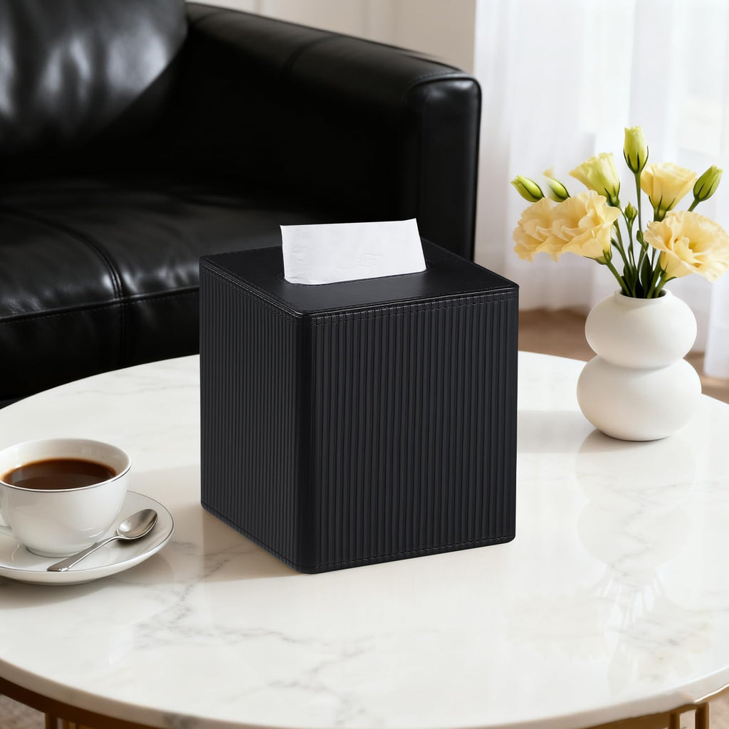 Cretkhp PU Leather Square Tissue Box Cover Tissue Box Holder Cube (Black)