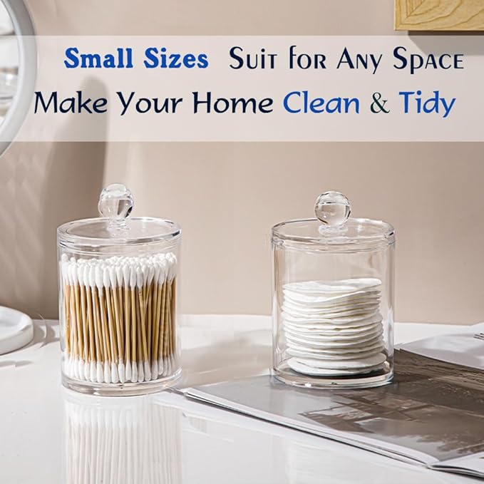 WISIEW 4 Pack Qtip Holder Dispenser for Cotton Ball, Swab, Round Pads, Floss - 10 oz Clear Plastic Apothecary Jar Set for Bathroom Canister Storage Organization, Vanity Makeup Organizer