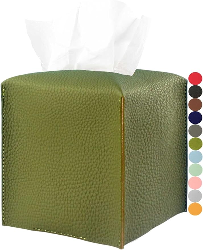 Green Tissue Box Cover Square – with Bottom Belt [JESMINI, ] PU Leather Green Tissue Box Holder Decorative for Bathroom Vanity Countertop/Night Stands/Office Desk, 5x5x5