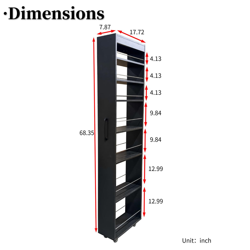 JOYSOURCE Slim Pull-Out Kitchen Cart with 7 Tiers, Narrow Rolling Storage Cabinet for Next to Fridge, Tall 7-Tier Organizer Rack with Black Handles & Wheels Black