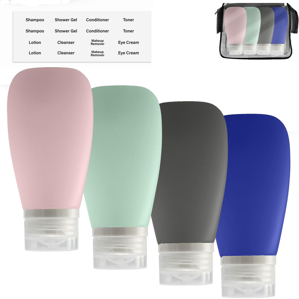 LYOB Travel Bottles for Toiletries, TSA Approved 3oz (90ml) Leak Proof Silicone Refillable Squeeze Travel Size Containers BPA Free for Cleansers, Lotions, Shampoo 4pk-With Bag (P,G,Blk,BL)