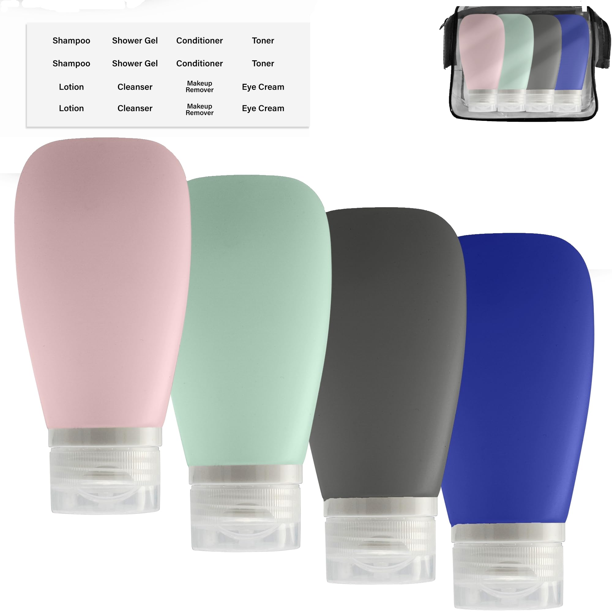 LYOB Travel Bottles for Toiletries, TSA Approved 3oz (90ml) Leak Proof Silicone Refillable Squeeze Travel Size Containers BPA Free for Cleansers, Lotions, Shampoo 4pk-With Bag (P,G,Blk,BL)