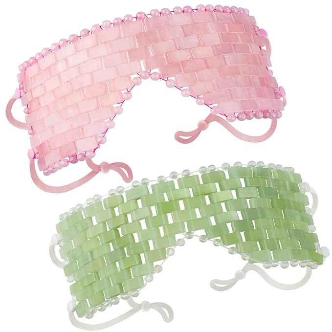 LazyGa Natural Jade Eye Mask and Rose Quartz Eye Mask Set - Soothing & Relaxing Alleviate Puffiness and Migraines with Cooling and Warming Therapy (2 Pcs)