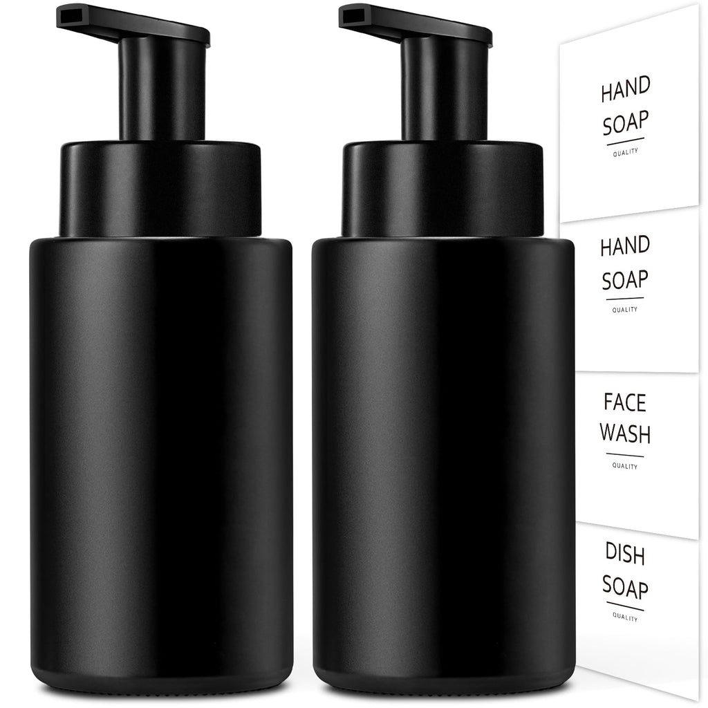 RYTOXILO Matte Black Foaming Hand Soap Dispenser, 10 oz/300ml Glass Foam Dispenser, 2 Pcs Foaming Soap Dispenser for Bathroom, Black Refillable Pump with Waterproof Labels