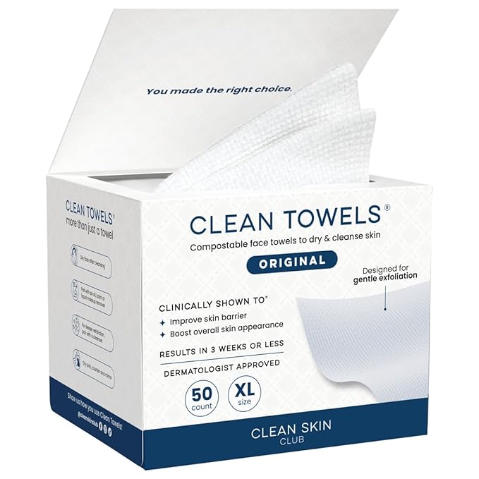 Clean Skin Club Clean Towels XL®, 100% USDA Biobased Face Towel, Disposable Face Towelette, Eczema Association Accepted, Makeup Remover Dry Wipes, Ultra Soft, 1 Pack, 50 Ct