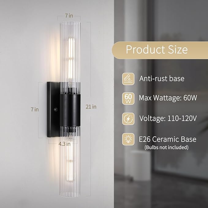 21" Bathroom Vanity Sconces Set of 2, Black Hardwired Wall Sconces Set of Two with Threaded Glass Shade, Modern Up Down Wall Decor Set of 2 for Bathroom Living Room Bedroom Hallway-Bulb Not Included ﻿