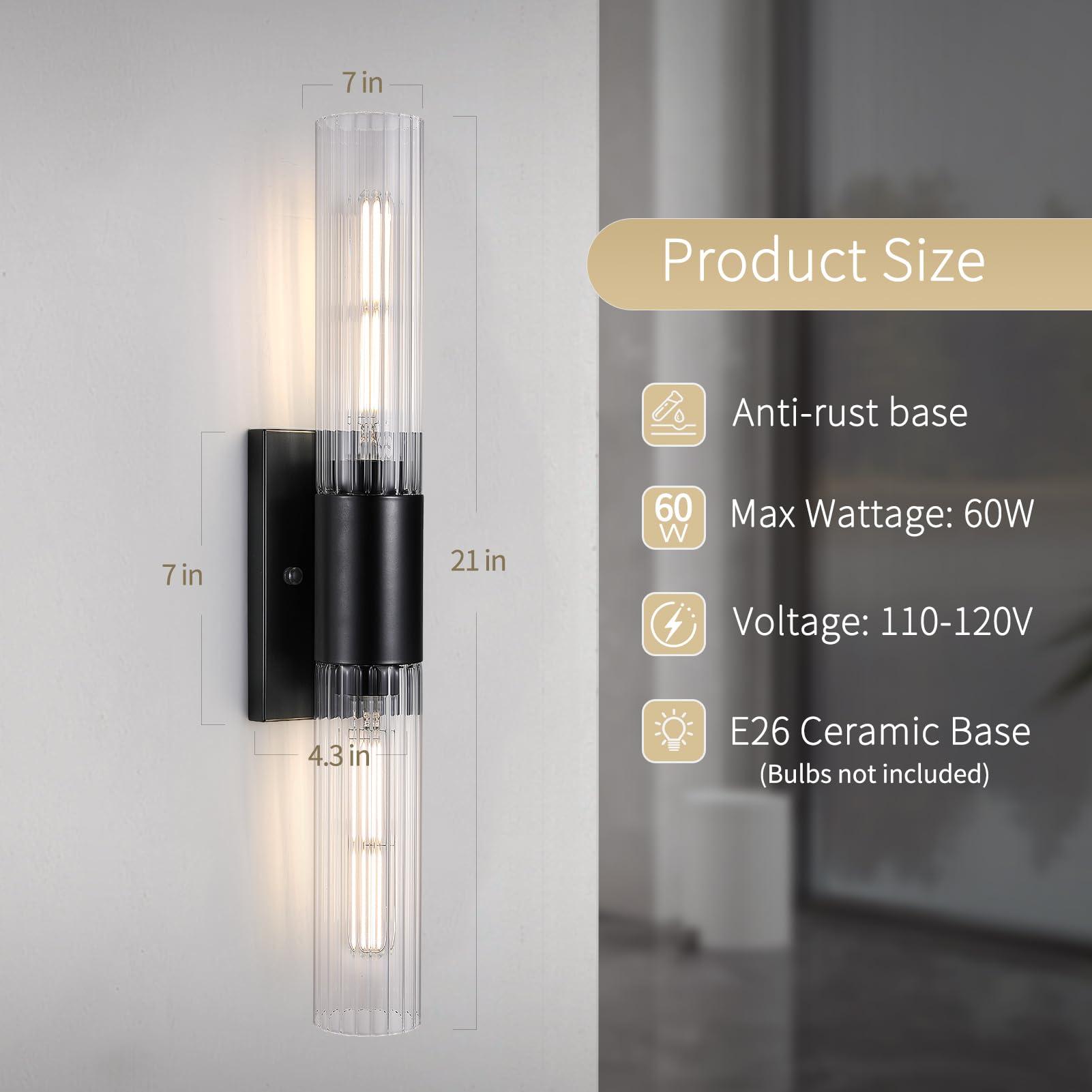 21" Bathroom Vanity Sconces Set of 2, Black Hardwired Wall Sconces Set of Two with Threaded Glass Shade, Modern Up Down Wall Decor Set of 2 for Bathroom Living Room Bedroom Hallway-Bulb Not Included