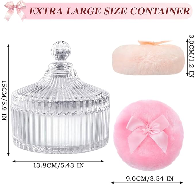 HUGOMOVA 5 Pcs Extra Large Body Powder Puff and Container Set – 5.43" Oversize Crystal Powder Container | 3.54" Ultra-Soft Velour Puff, Washable & Reusable, Ideal for Face (Clear)
