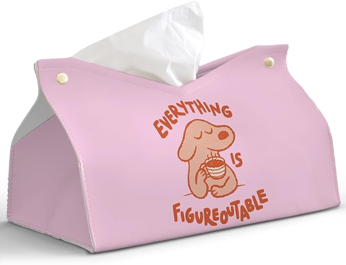 Pink Cute Dog Tissue Box Cover Rectangle,Motivational Toilet Paper Box,Leather Decorative Facial Paper Case for Living Room Bathroom Kitchen Office Desk,Everything is Figureoutable,9.8x5.9x5.9