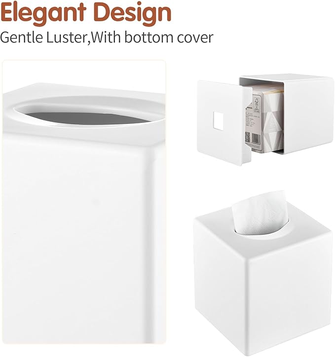Tissue Box Cover, Square Facial Tissue Holder Storage for Bathroom Vanity, Countertops, Dressers, Night Stand, Parlors and Offices - White