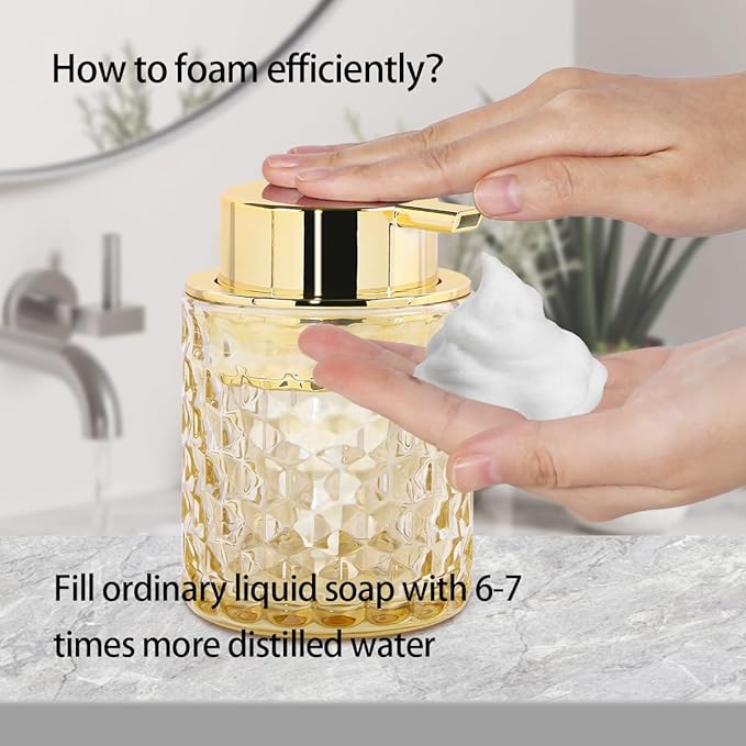 Fvstar 10 Oz Glass Hand Soap Dispenser with Pump, Refillable Bathroom Gold Foaming Soap Dispenser, Vintage Glass Diamond Lotion Container Bottle for Bathroom and Kitchen (1, Amber and Gold)