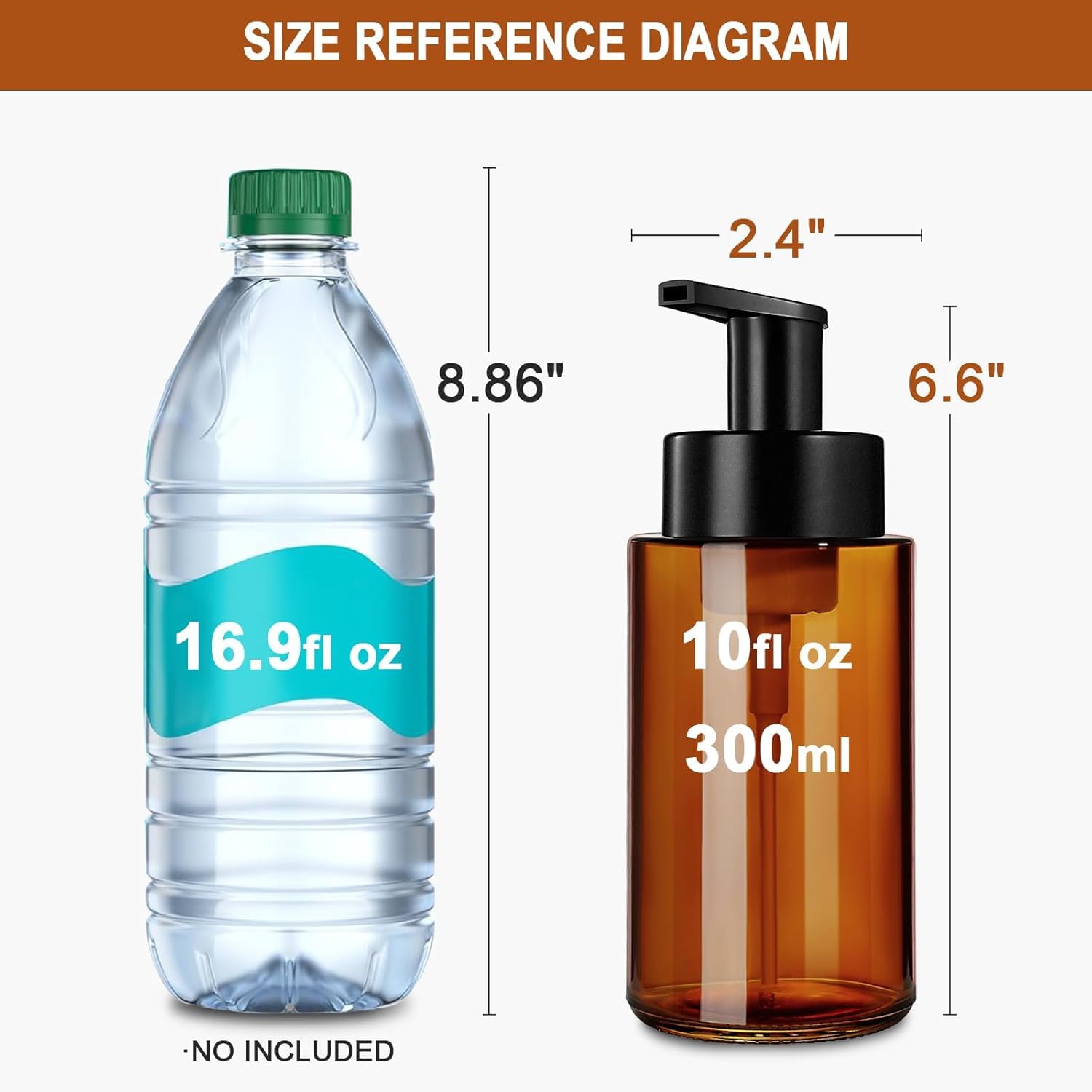 RYTOXILO Amber Foam Soap Dispenser, 10 oz/300ml Glass Foaming Soap Dispenser, 2 Pcs Foaming Hand Dispenser for Bathroom & Kitchen, Refillable Bottle with Waterproof Labels