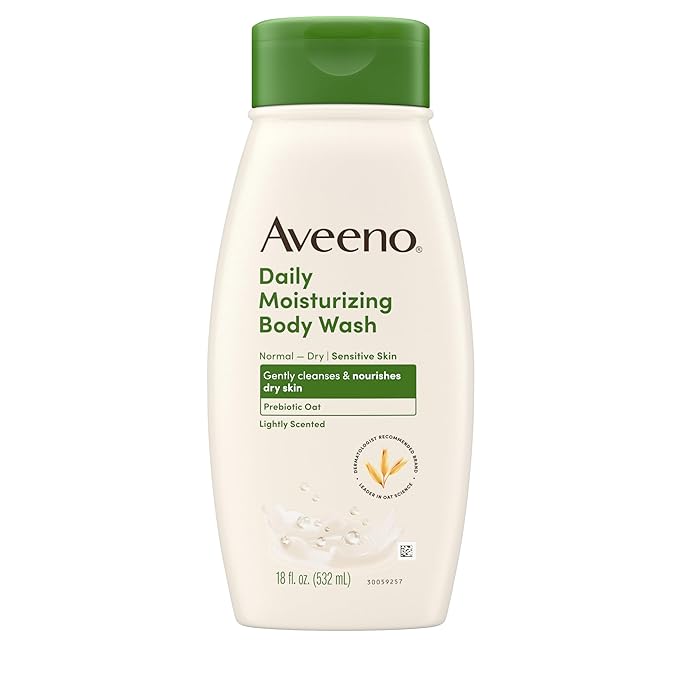Aveeno Daily Moisturizing Body Wash for Normal to Dry Skin, Sensitive Skin Formula with Prebiotic Oat, Gently Cleanses & Nourishes Dry Skin, Lightly Scented Body Wash for Women and Men, 18 Fl Oz