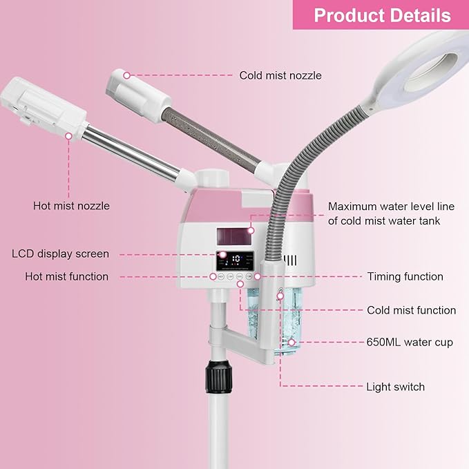 Professional Facial Steamer, 3 in 1 Facial Steamer with 5X Magnifying Lamp Hot&Cool Mist, Esthetician Steamer on Wheels, Stand Face Steamer with Time Setting for Home Salon Spa