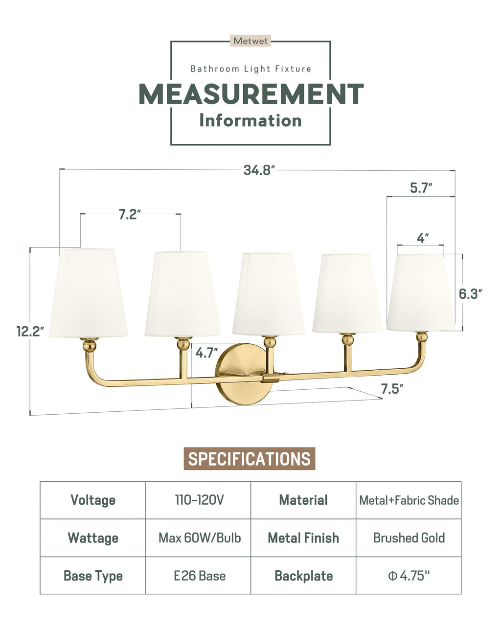METWET 5-Light Brushed Gold Bathroom Vanity Light, Beige Fabric Shades
