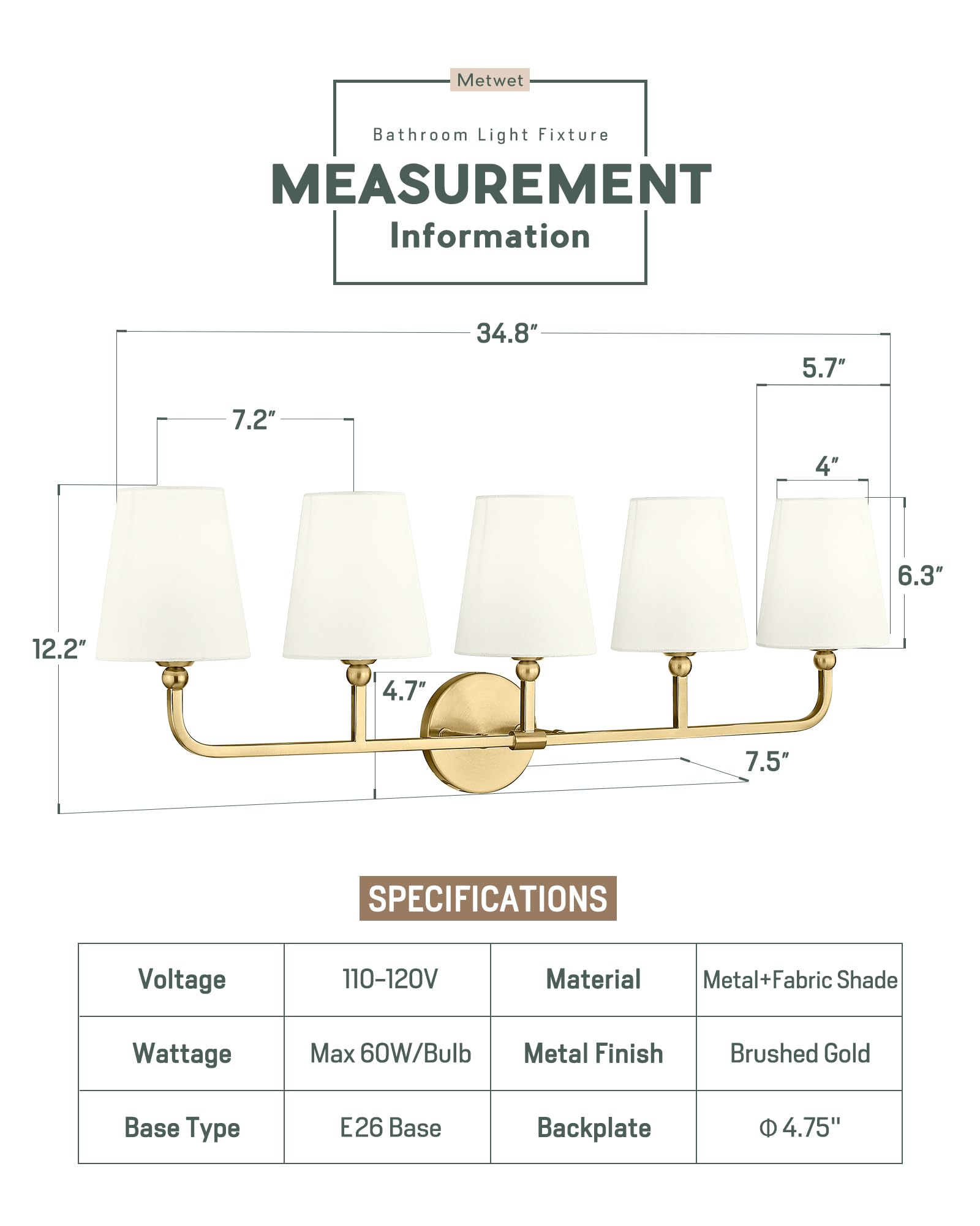 METWET 5-Light Brushed Gold Bathroom Vanity Light, Beige Fabric Shades