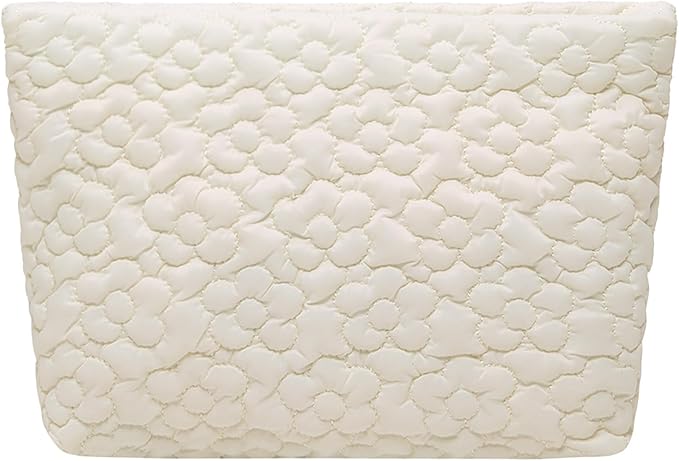 HFLZBRO Puffy Quilted Makeup Bag, Cosmetic Bag, Travel Toiletry Organizer Pouch, Clutch for Wom (White Flower)