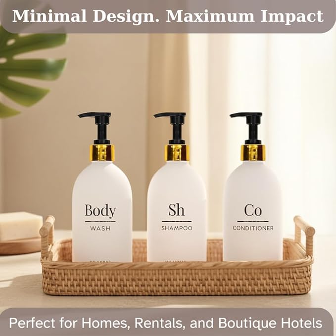 Milanmar Shampoo & Conditioner Shower Dispenser Set, Pearl White - Empty Matte Plastic Bottles, 16.9 oz Pump Containers, Luxury Bathroom Decor, 3 Pack for Spa, Airbnb [White-Gold]