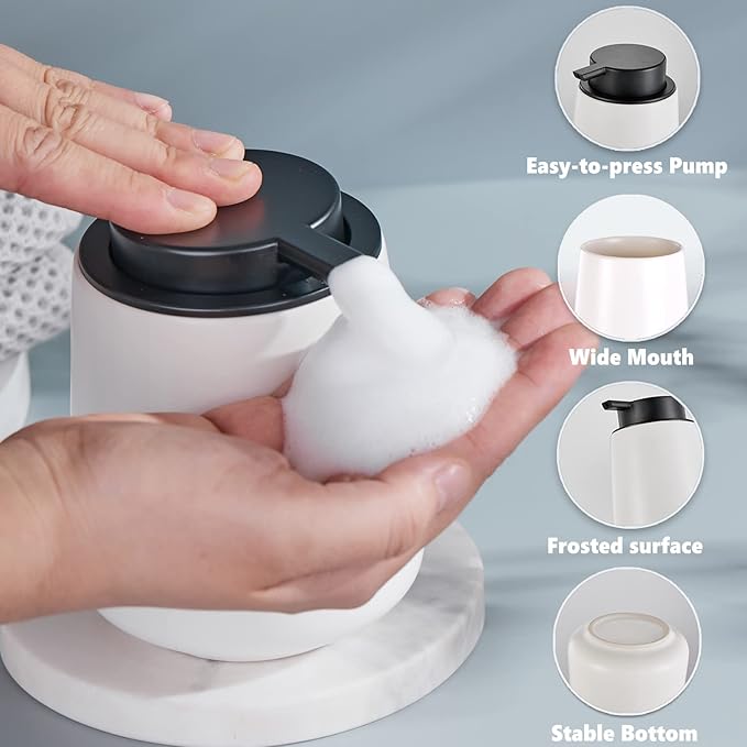 12Oz Hand Soap Dispenser Set - 2 Pack Ceramic Foam Soap Dispenser Set with Easy-to-Press Black Pump, Refillable Mordern Foaming Dish Soap Dispensers for Bathroom & Kitchen (White, Foam Pump)