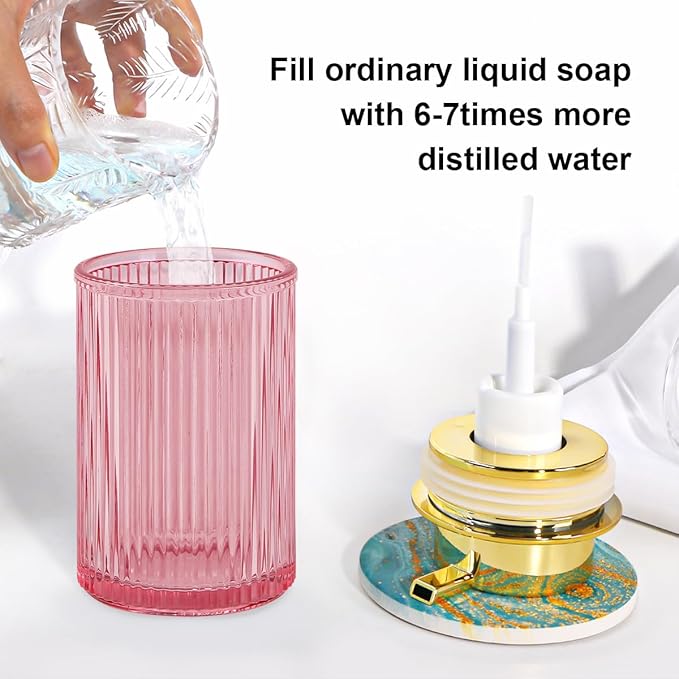Tonxus Foaming Soap Dispenser, 12 Oz Pink Glass Foam Hand Soap Dispenser, Refillable Glass Foam Pump Bottle Container Decorative Slim Ribbed Bottle for Bathroom and Kitchen