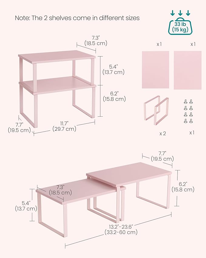 SONGMICS Cabinet Organizer Shelf, Set of 2 Kitchen Counter Shelves, Kitchen Storage, Spice Rack, Stackable, Expandable, Metal and Engineered Wood, 11.7 Inches, Jelly Pink UKCS020S01