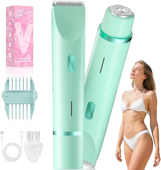 Bikini Trimmer for Women, Dual-Ended Electric Razor Personal Shaver for Bikini Line & Pubic Hair, Waterproof USB-C Rechargeable Body & Face Trimmer for Underarms & Legs (Mint Green)