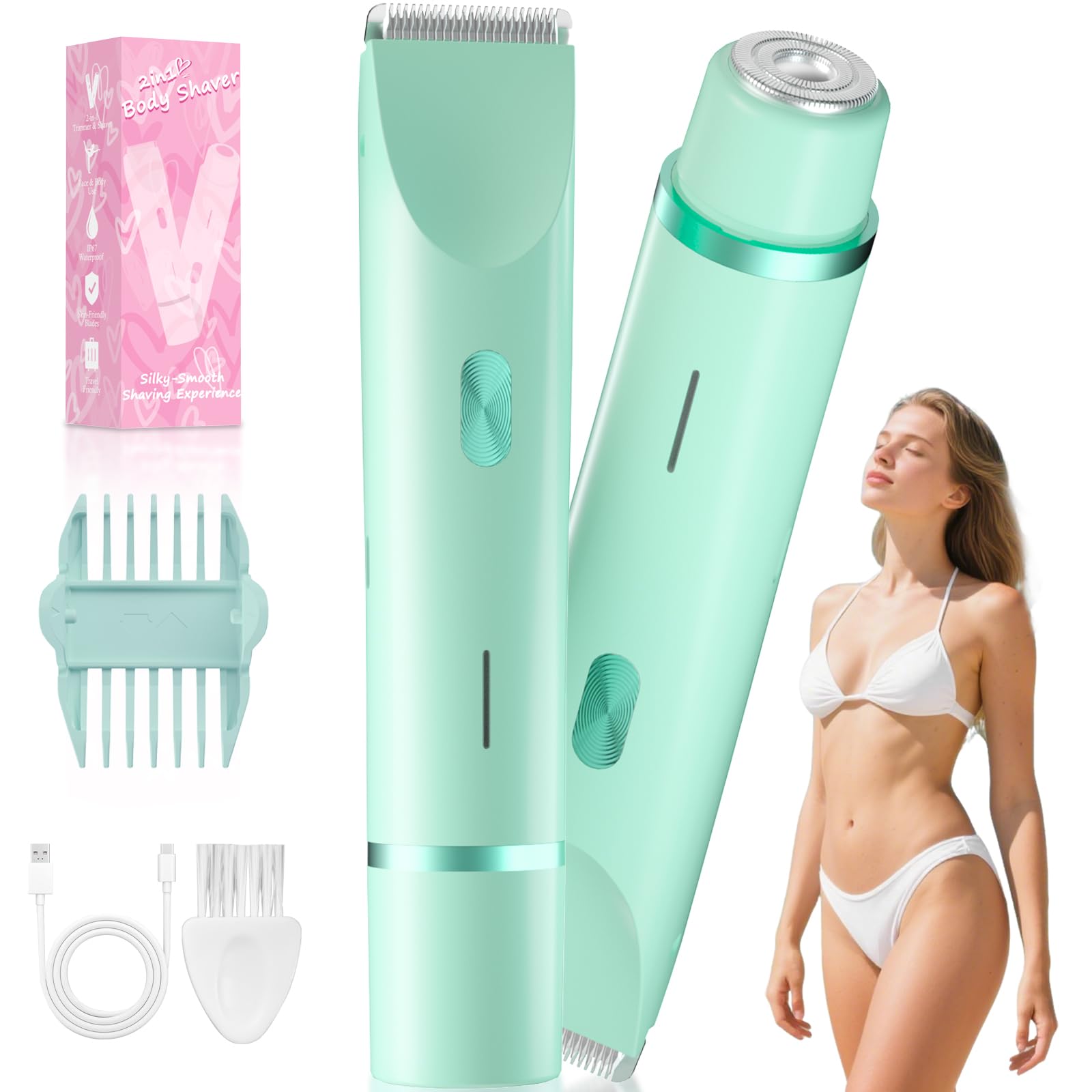 Fanovae Bikini Trimmer for Women, 2 in1 Electric Razor for Pubic Hair, Bikini Line and Body, Dual-Ended Shaver, USB-C Rechargeable, IP67, Designed for Sensitive Areas (Green)