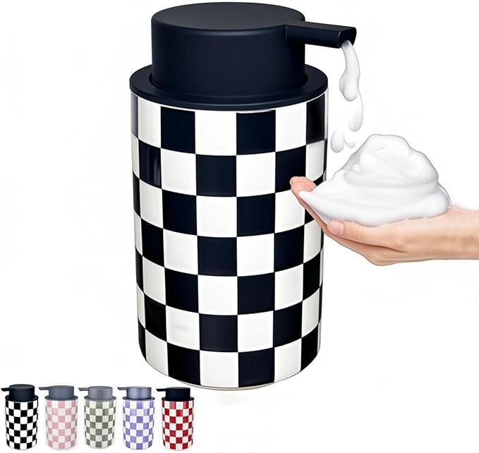 Foaming Soap Dispenser, Foam Hand Soap Dispenser for Bathroom Countertop, Modern Black and White Foamy Hand Soap Refills Bottle for Kitchen,Bathroom-Checkered Bathroom Decor