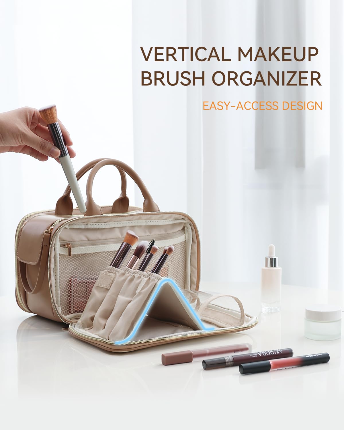Prite Large Makeup Bag, Waterproof Travel Cosmetic Case with Brush Holder