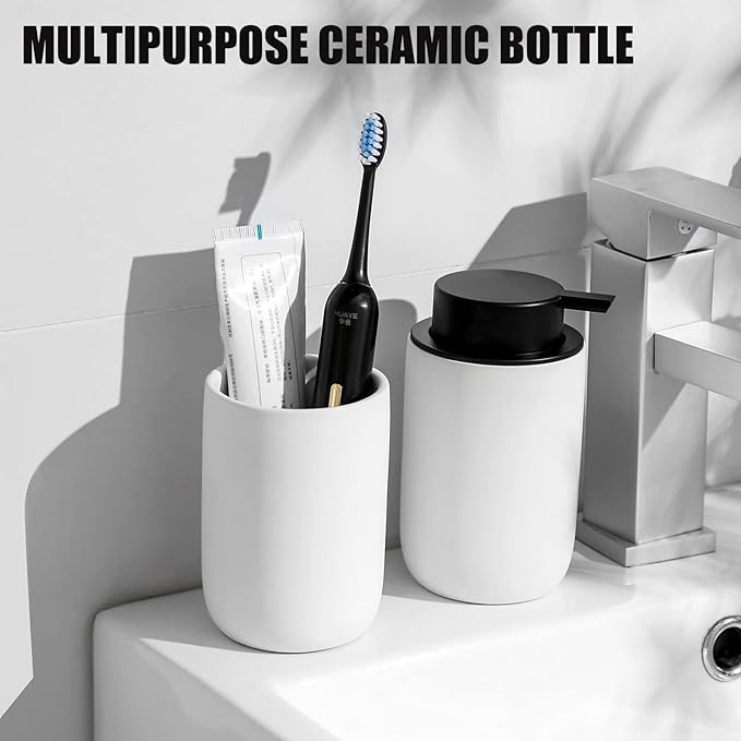 Hand Soap Dispenser for Bathroom Decro, Ceramic Liquid Pump Bottles Refillable Dish Dispenser for Kitchen Farmhouse Colleage Dorm, Matte White 2 Pack