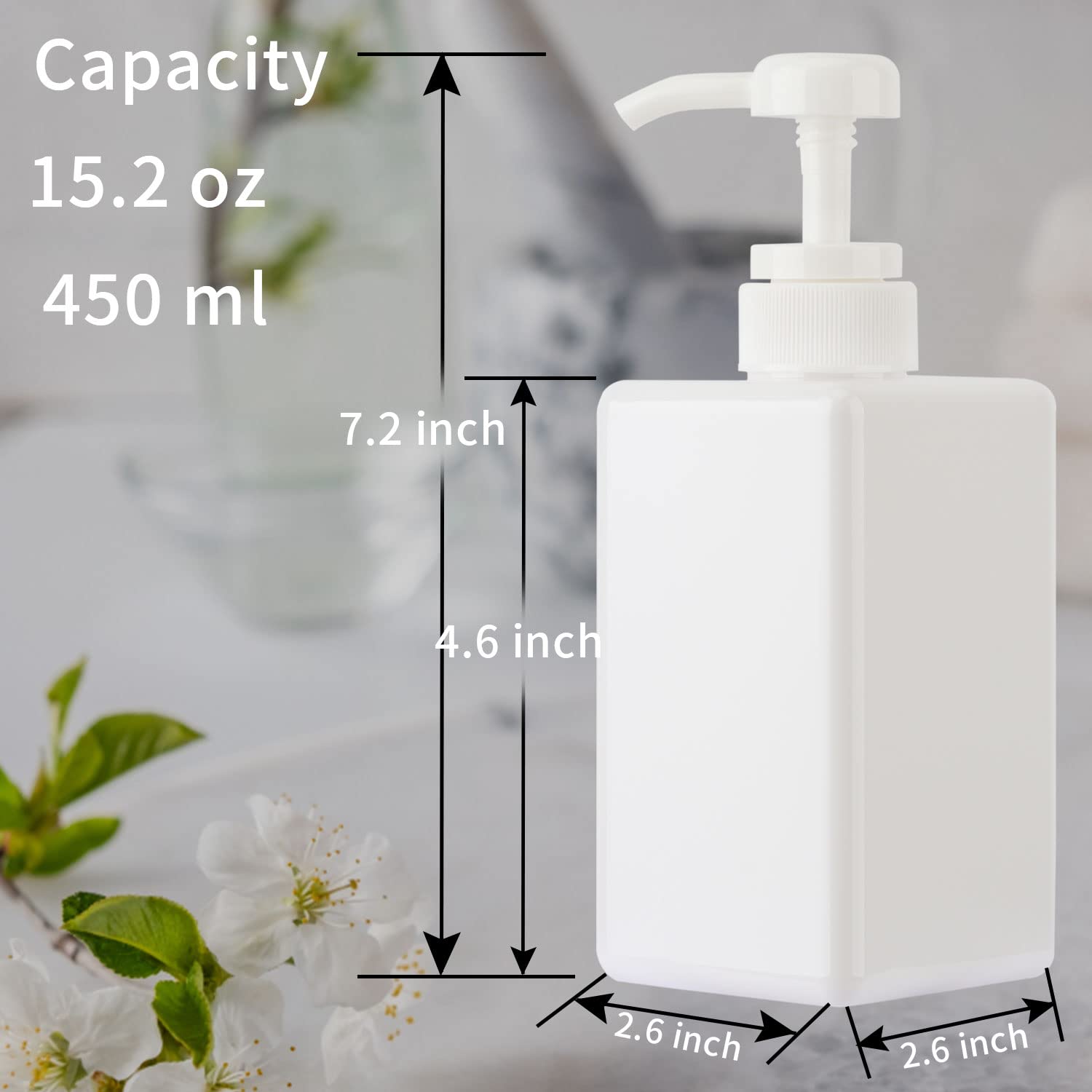 450ml (15.2oz) Pump Bottle Dispenser Jansburg 2Pack Refillable Square Plastic Lotion Dispenser Empty Lotion Pump Bottle for Essential Oil Soap Lotion Shampoo, Bathroom/Kitchen/Travel White