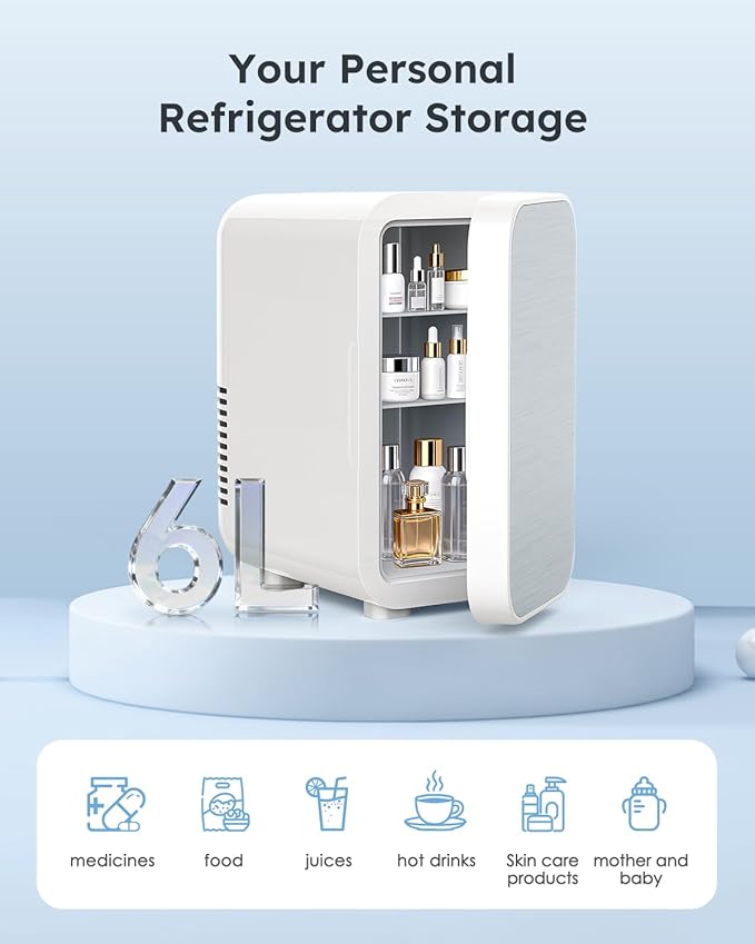 FANSEXPERT Skincare Fridge with Glass Panel, 6L Mini Fridge for Home/Car, AC/DC Portable Thermoelectric Cooler and Warmer, Makeup Mini Compact Refrigerator for Skincare Cosmetics Food Drinks (White)