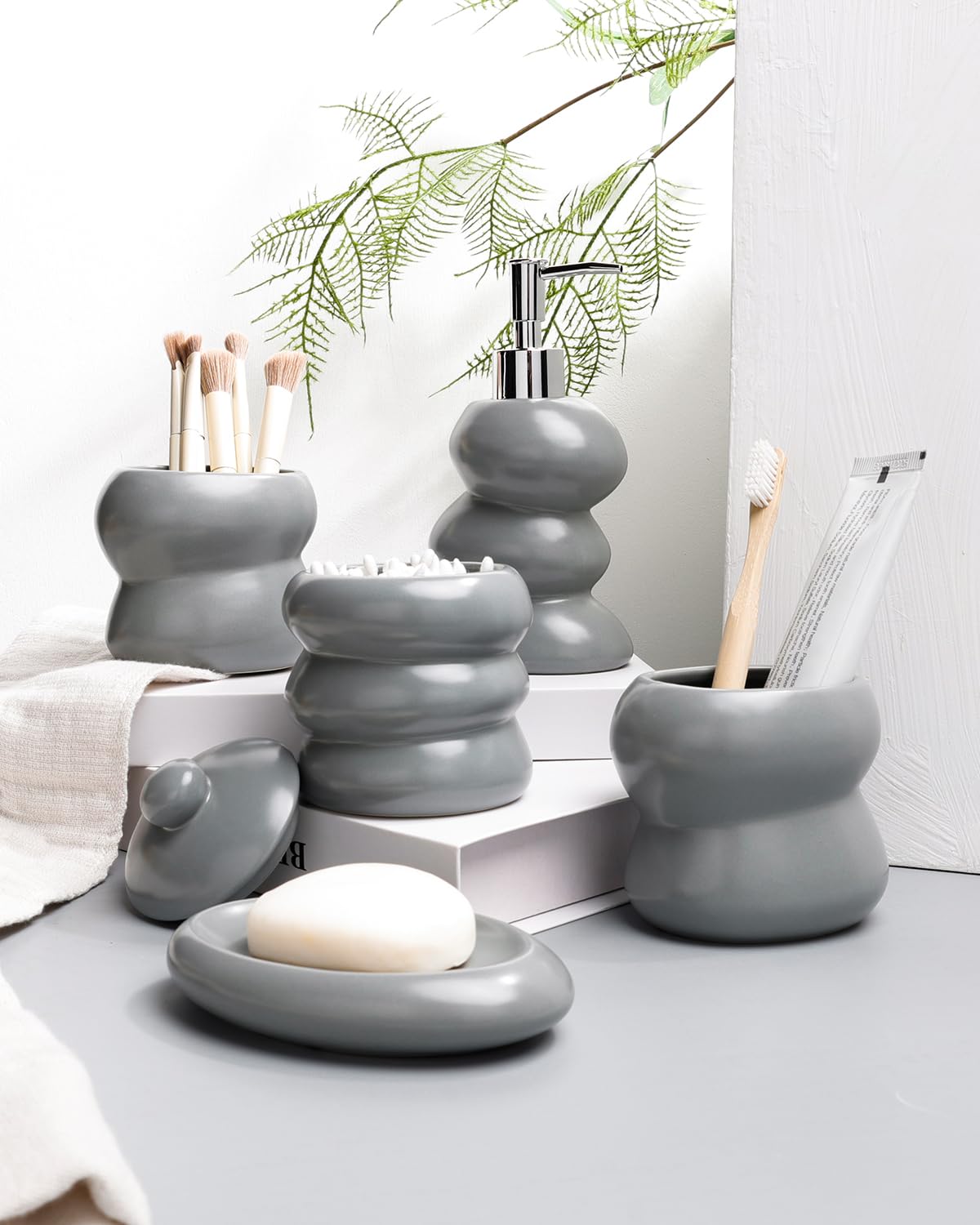 Bathroom Accessory Set 5PCS, Ceramic Bathroom Accessories Set, Irregular Shape Small Bathroom Sets Accessories Complete, Home Apartment Minimalist Decor Vanity Countertop, ANTIS'S HOME (Grey)