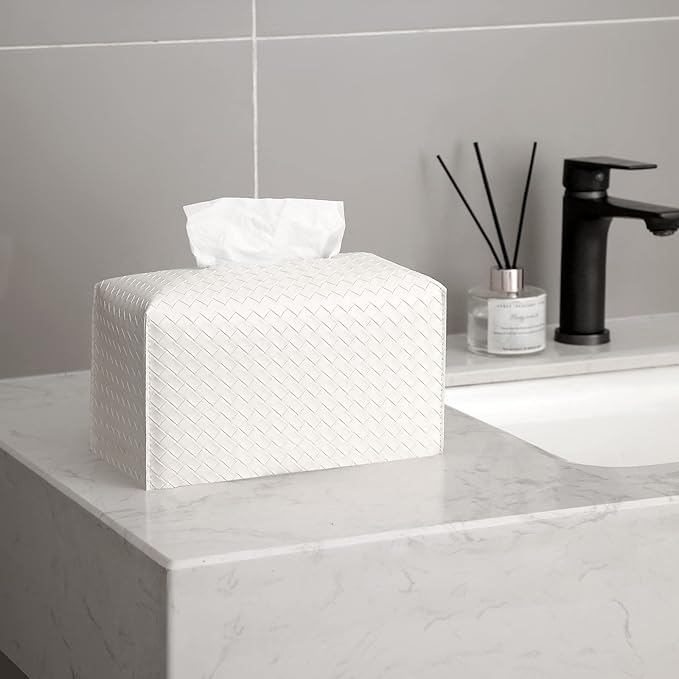 Tissue Box Cover PU Leather Tissue Holder Square Facial Tissue Case Facial Paper Organizer Dispenser for Bathroom, Vanity Countertop, Tabletop, Car, Rectangle, White