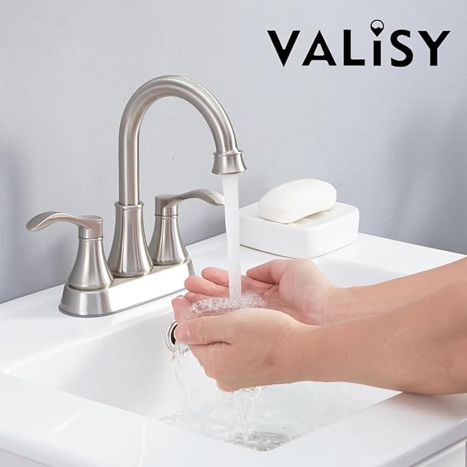 Brushed Nickel Bathroom Sink Faucets, 360° Swivel High-Arc Spout 2-Handle 4 Inch Centerset Lavatory Vanity Faucets Set for Bathroom Sink with Drain & Water Hoses, 2 Pack, VLSZST050L-2