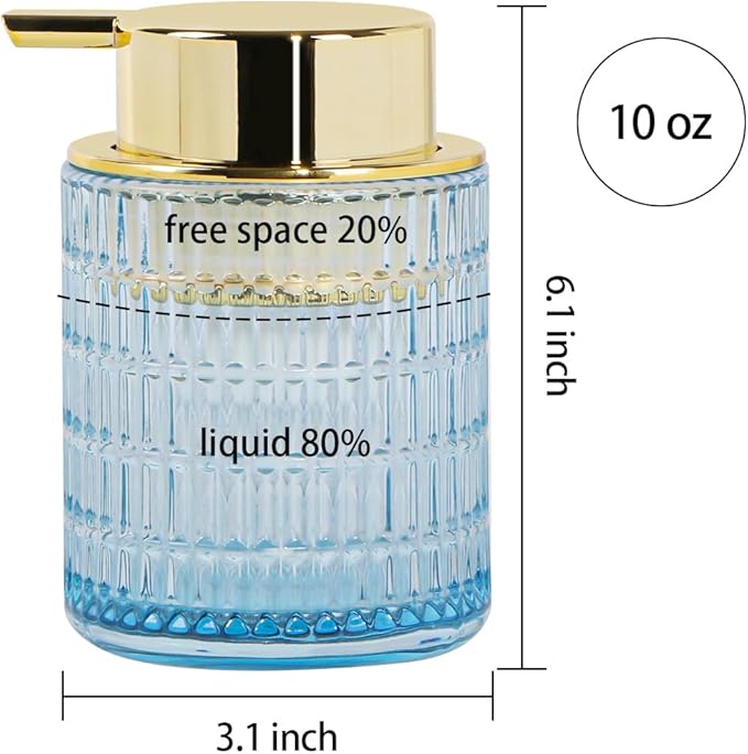 Tonxus Foaming Soap Dispenser, Blue Glass Foam Soap Dispenser for Bathroom and Kitchen, 10 Oz Refillable Foaming Pump Bottle with Large Pump, Ribbed Bottle Container Decor