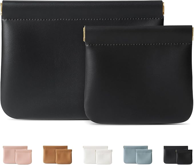 MEIBOOCH 2 Pack Small Makeup Bag for Women, New Organosilicon Super Fiber PU Leather Mini Cosmetic Bag for Travel, Coin Purse Organizer Storage Pouch (No Phrase Printed, Black)