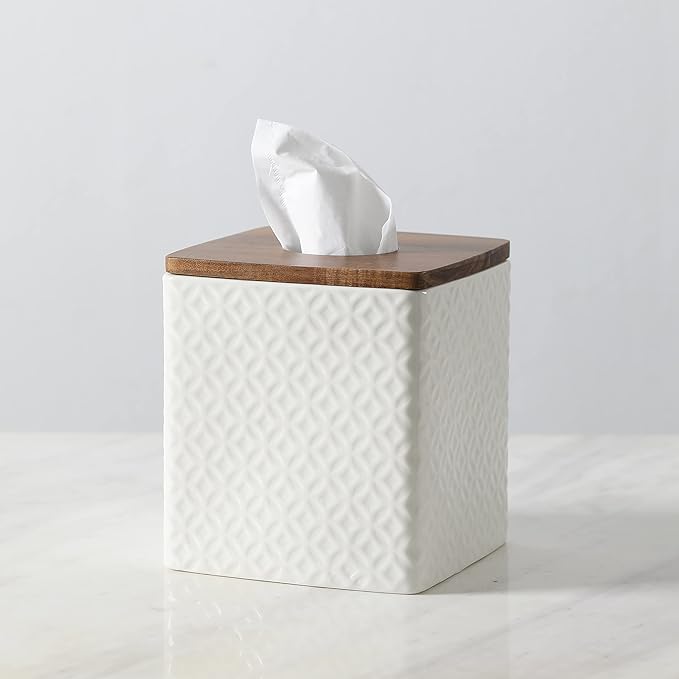 Bathroom Accessories - Ceramic Tissue Holder with Wooden Lid, Decorative Square Tissue Cover Box (White and Beige)