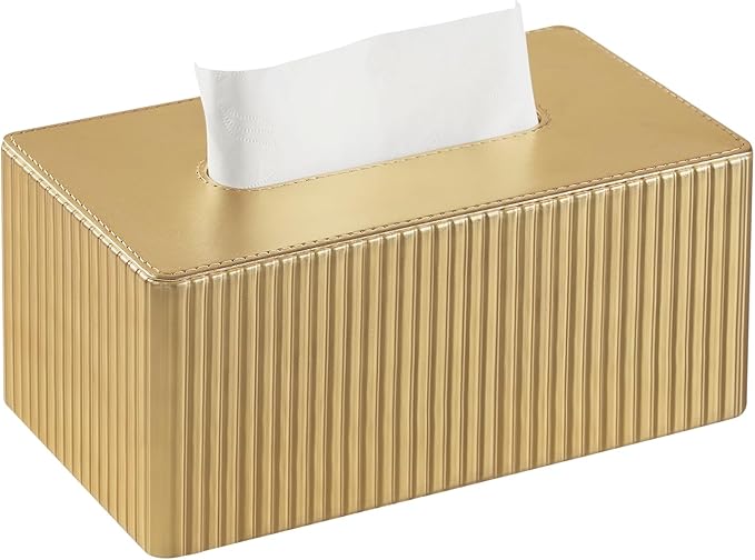 MEIBOOCH PU Leather Tissue Box Cover Square, Cube Tissue Box Holder with Magnetic Closure, Decorative Tissue Holder for Bathroom Bedroom Office (Gold, Rectangle Height of 4 in)