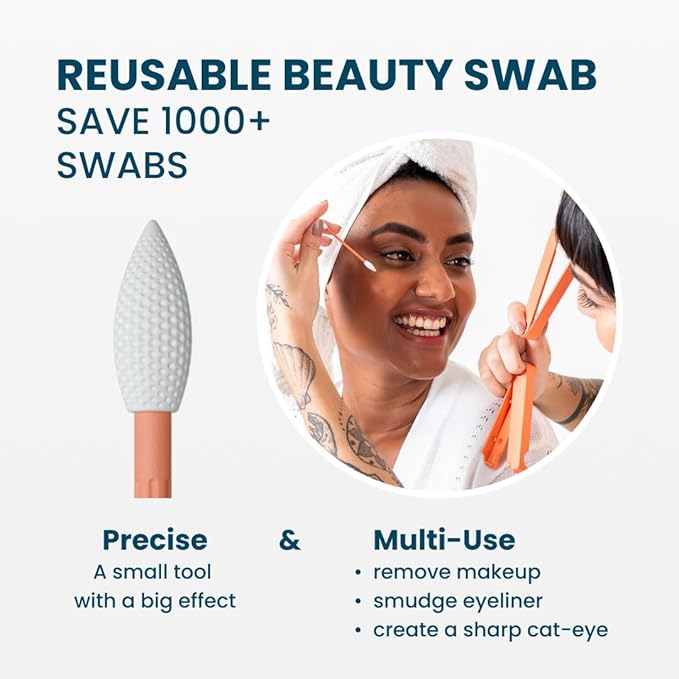 LastSwab Reusable Q-Tips for Makeup - Precision Silicone Cotton Swabs for Eyeliner, Mascara & Touch-Ups - Eco-Friendly Washable Q Tip Alternative - Zero Waste, Travel Case - Peach