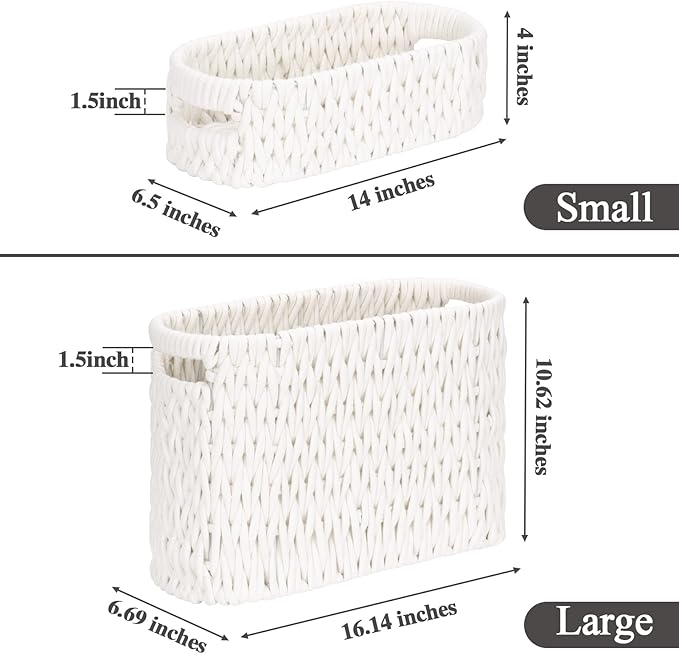 Boho Toilet Paper Storage Baskets, Cotton Rope Woven Bathroom Basket Set of 2, Standing Toilet Paper Holder for 6 Mega Rolls,Storage Bins for Toilet Tank Top, Bathroom Organizer Decor (White 2 Pack)