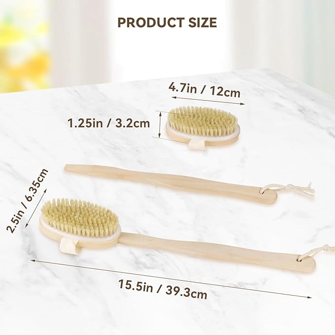 2 Pack Detachable Bath Bristle Brush, Wood Long Handle Dry Brushing Body Brush for Shower