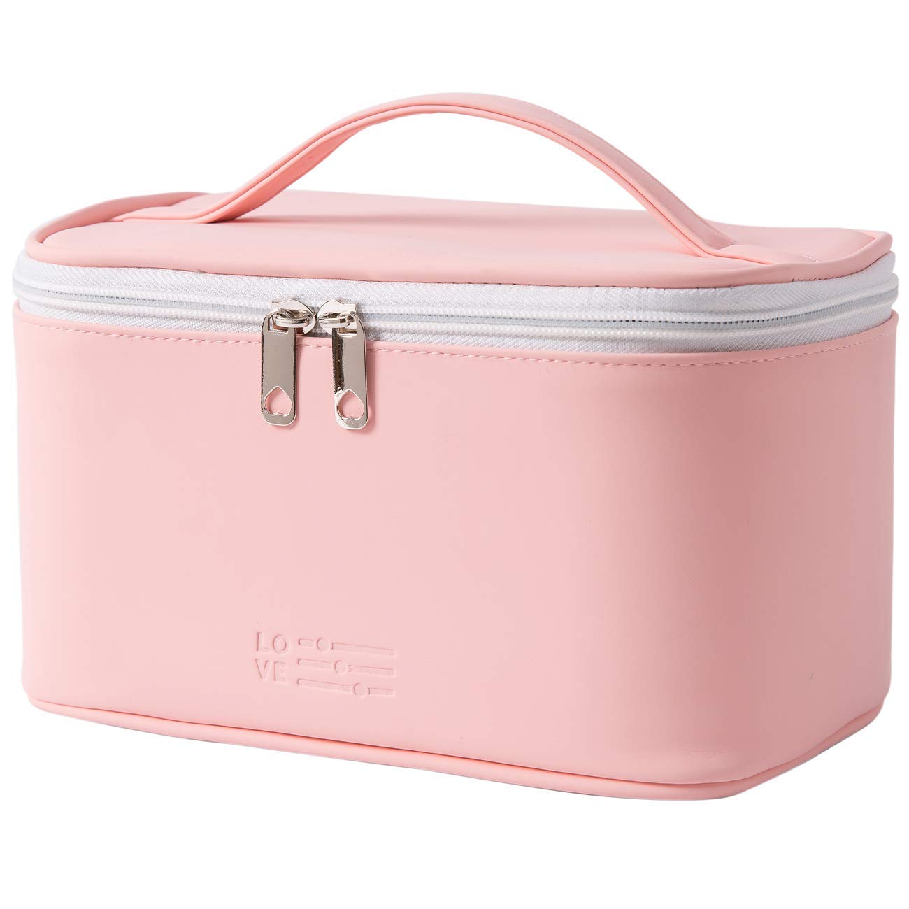 Meiyuuo Travel Makeup Bag for Women, PU Leather Cosmetic Bag, Light Pink
