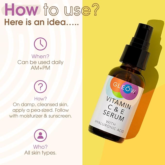 GLEOW Vitamin C Serum for Face with Hyaluronic Acid and Vitamin E, Brightening Face Serum Targets the Appearance of Fine Lines and Uneven Skin Tone, 2 oz